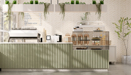 Modern, stylish and luxury design cafe with green counter with professional espresso machine, cash...