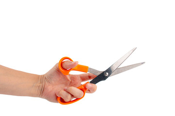 Hand holding office stationery scissors cutting on transparent background 
