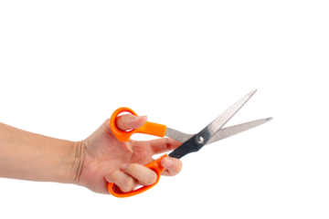 Hand holding office stationery scissors cutting on transparent background 