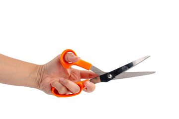 Hand holding office stationery scissors cutting on transparent background 