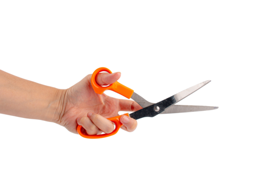 Hand holding office stationery scissors cutting on transparent background 