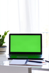 Non-people image of desk setups, work environments. Vertical view of laptop with green screen, notebook, pen and flower on the table in front of window. Selective focus. Concept of distance education
