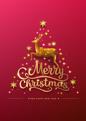 Gold Christmas and New Year Typographical with snowflakes, light, stars