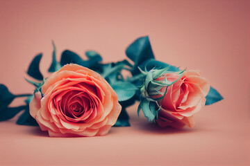 Photography of a a bunch of Pink Red Roses on a pink pastel background