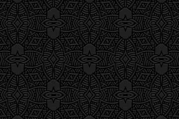 Embossed black background, ethnic cover design. Press paper, boho style with handmade elements. Tribal geometric 3d pattern, unique texture of East, Asia, India, Mexico, Aztecs, Peru.