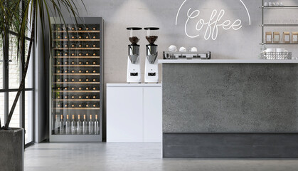 Modern, stylish loft and luxury design cafe with gray counter with professional espresso machine,...