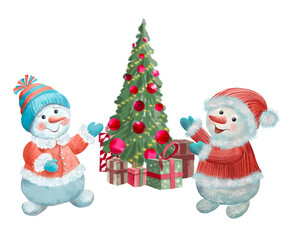 Snowmen  with Christmas tree 