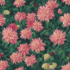 Dahlias flowers with leaves – High quality botanical painting