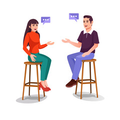 Illustration of two happy people talking,  Smiling man and a woman chatting, Colored vector illustration isolated on white background, Business communication, Man and woman have conversation. 