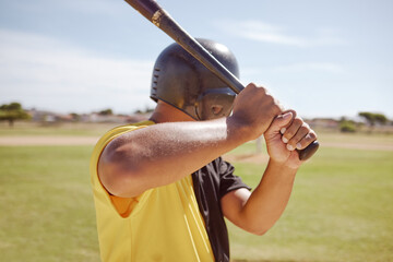 Baseball, training and baseball player hold bat for fitness workout holding bat on field outdoor....