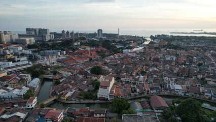 Malacca, Malaysia - October 16, 2022: Aerial View of the Malacca River Cruise