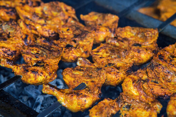 Cooking chicken skew Kebab barbeque. Traditional Indian and Paksitan dish cooked on charcoal and flame.