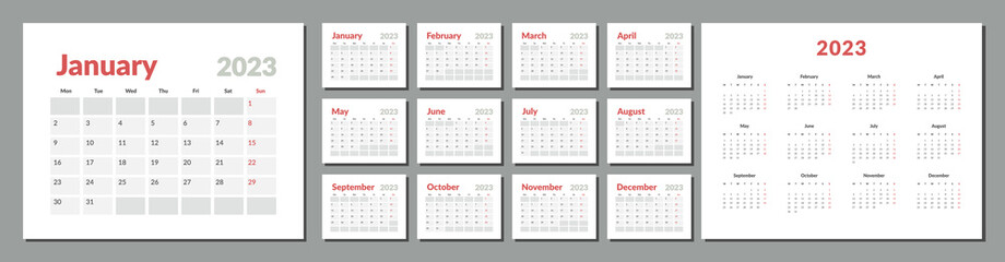 2023 Calendar Planner Template. Vector layout of a wall or desk simple calendar with week start monday. Calendar grid in grey color for print - obrazy, fototapety, plakaty