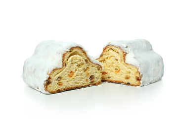 Stollen, tasty German dessert, isolated on white background