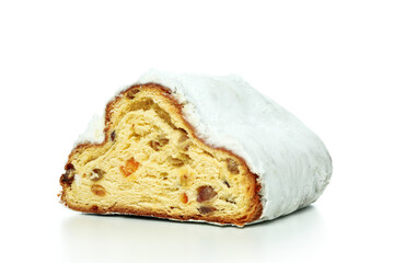 Stollen, tasty German dessert, isolated on white background