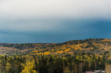 Autumn landscape. Mixed forests. Nature of Eastern Siberia. Birches and pines, spruces and larches grow on the mountains.