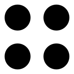 Black circles, polka dot pattern. Four, 4,  filled shapes, no stroke, 2x2 grid. Isolated png illustration, transparent background. Asset for overlay, montage, collage, presentation, mark making.