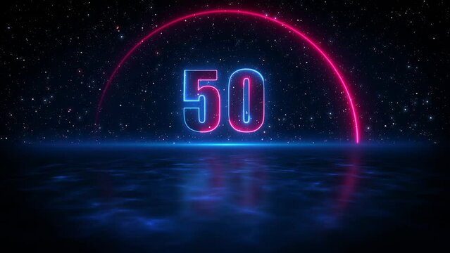 Futuristic Motion Blue Red Shine Number 50 In Half Circle Lines Neon Sign With Light Reflection On Blue Water Surface Starry Night Sky Seamless Loop