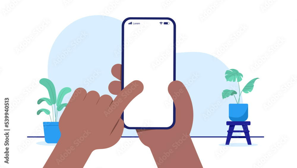Leinwandbilder using mobile phone touch screen - hands with dark skin interacting on smartphone with blank white sc