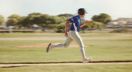 Baseball, sports and man running on a field during a game, professional event or training. Fast, speed and athlete doing run while playing sport at ground, park or in nature for fitness and exercise