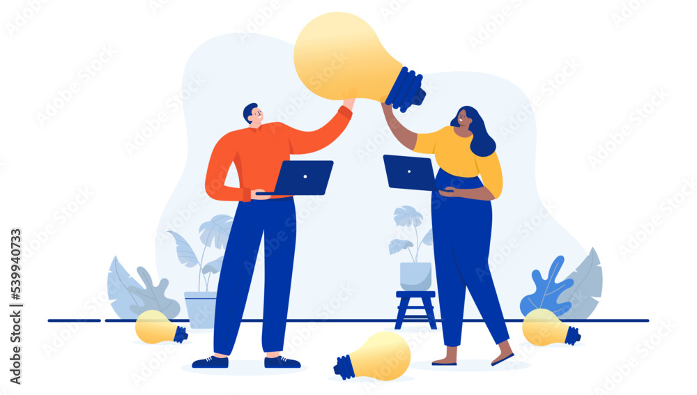 Poster Brainstorm ideas - Two people working with computer and coming up with idea, holding light bulb up high. Flat design cartoon vector illustration with white background