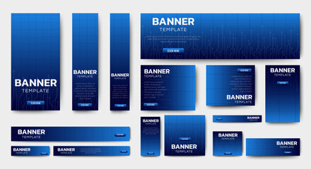 Modern blue banners design web template set. Futuristic technology banners layout. vector background for web ads, social media post, flyer, card. 
