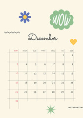 The page with the month December 2023 with retro stickers in bright tones. Vertical poster in a geometric style. Vector illustration design