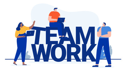 Fototapeta premium Teamwork people - Cartoon vector illustration of three diverse businesspeople with computers working as a team in office in casual clothes. Flat design vector illustration with white background