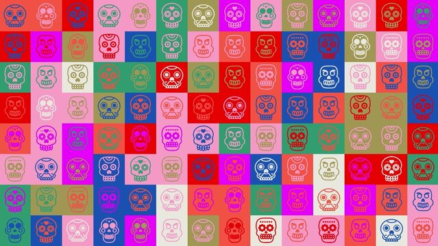 skull loop. animation. Seamless pattern background. backdrop of small, funny human skulls in multicolored icons. Halloween, Mexican day of the Dead. High quality photo