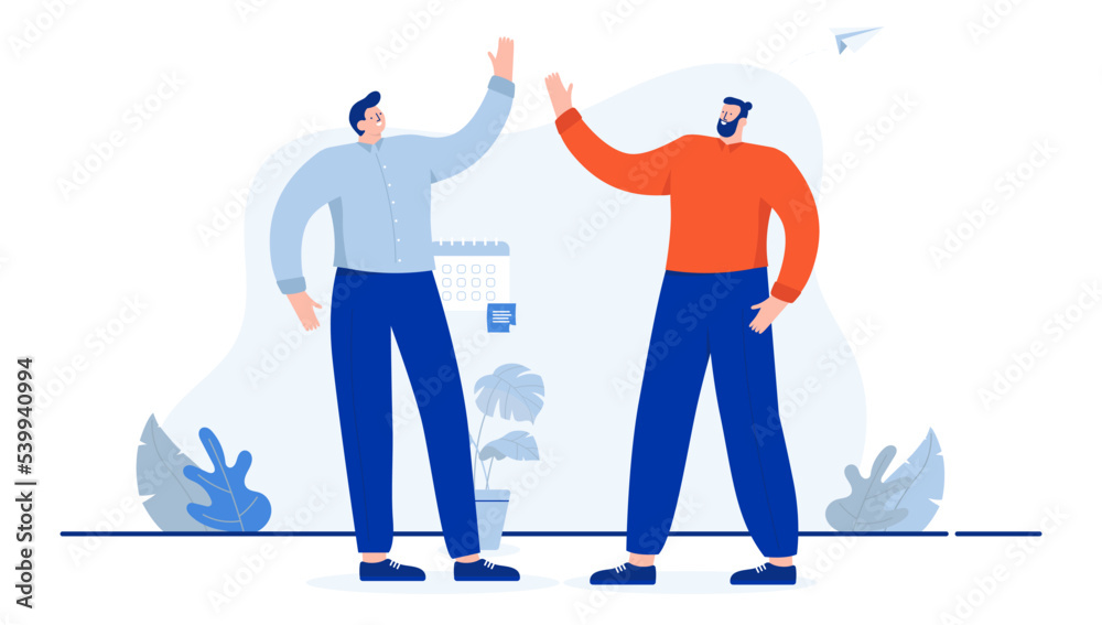 Aufkleber High five - Two men working in office doing high-fives, smiling and being friendly at work. Flat design cartoon vector illustration with white background
