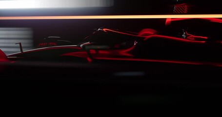 TRACKING shot of a modern generic sports racing car driving fast on a track with bright lights. Realistic 3d rendering