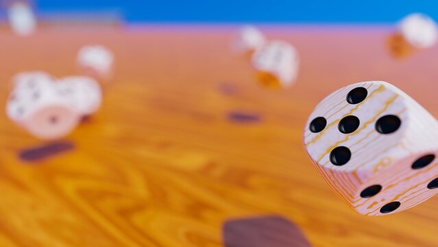 Rolling wood-black dices on woody plate under blue lighting background. Conceptual 3D CG of establishment statistics, business opportunities, life crossroads and horse race gambling.