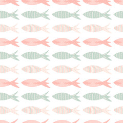 Fototapeta na wymiar Seamless pattern with hand drawn cute colored fish on a white background. Doodle, simple flat illustration. It can be used for decoration of textile, paper.