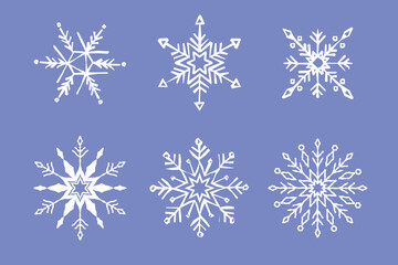 Fototapeta na wymiar Snowflakes set. Snowflakes collection for design Christmas and New Year banner and cards. Winter set of white snowflakes isolated on purple background. Vector illustration