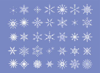 Snowflakes set. Snowflakes collection for design Christmas and New Year banner and cards. Winter set of white snowflakes isolated on purple background. Vector illustration