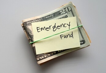 Dollars Money and paper note with text written EMERGENCY FUND - smart financial planning goal to build fund to be safety net expenses in unplanned life crisis or future distress