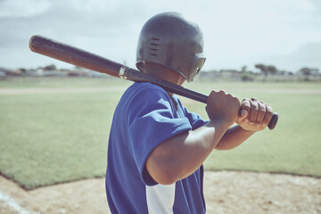 Baseball, baseball batter and back view of black man on field ready to hit ball during match, game...