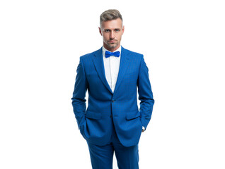 grizzle formal man in blue tuxedo bowtie isolated on white background