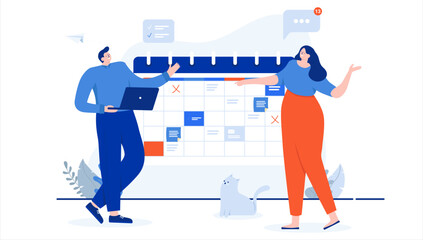 Work calendar - Two people, man and woman in casual clothes planning work week and month. Project management concept. Flat design cartoon vector illustration with white background