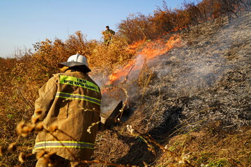 Almaty, Kazakhstan - 09.06.2022 : A firefighter extinguishes burning grass and shrubs in the...