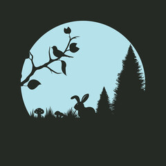 Silhouette of a cute bunny in the forest