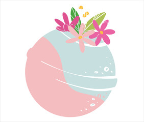 Fragrant fizzy bath bomb. Cosmetic bubbling bath ball. Bath bomb with flowers. Home care. Vector illustration.