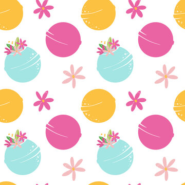 Seamless Pattern With Fragrant Fizzy Bath Bombs. Cosmetic Bubbling Bath Ball. Bath Bomb With Flowers. Vector Illustration For Packaging And Any Design.