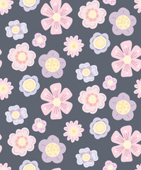 Delicate vector pattern with simple hand drawn flowers on a dark violet background. Flat cartoon pastel floral texture for nursery fabrics