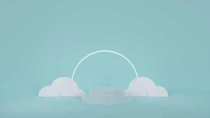 Minimal Style 3D Render design stage podium on Blue Sky Background with Clouds.