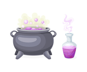 Boiling Witch Cauldron and Glass Jar with Poison as Magical Object and Witchcraft Item Vector Set