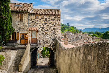 Medieval houses and cobblestone street in the village of Rochemaure, in the South of France...