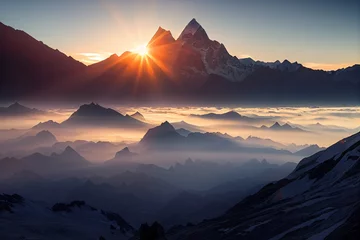 Foto auf Acrylglas Morgen mit Nebel Sonnenaufgang in den Bergen
