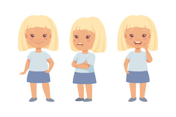Obraz premium Little Blond Girl with Short Hair Having Different Face Emotion and Gesture Vector Set
