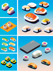 Set of isolated illustrations of sushi. Fun food in cartoon style. sushi roll, japanese cuisine